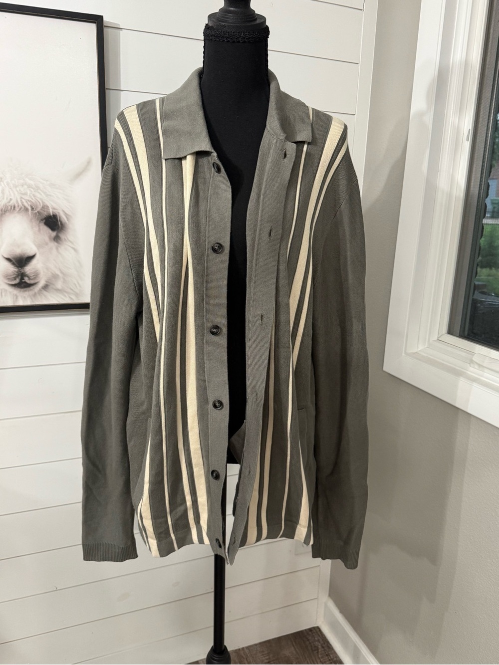 Christian Lacroix Men’s Striped Knit Cardigan Sweater Pockets Sage Green M